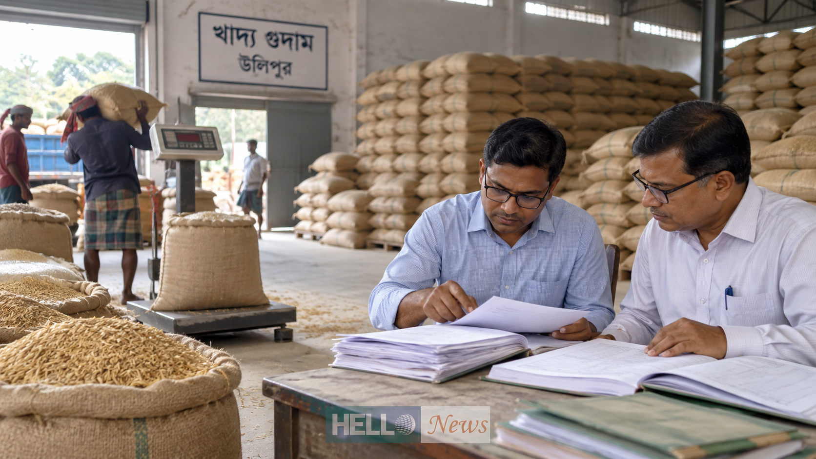 উলিপুর খাদ্য গুদামে ধান ও নথি পর্যালোচনার প্রতীকী দৃশ্য